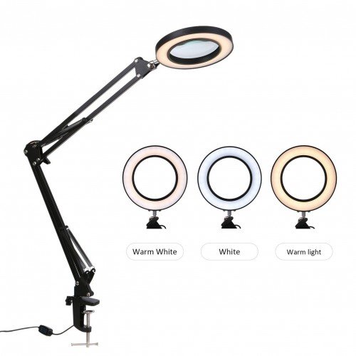 Magnifying Glass Magnifier with LEDs Clamp Clip Light 8X Magnification 10 Levels Adjustable Brightness Dimmable 3 Colors Temperature Changing Desk Lamp USB Powered Operated with Foldable Flexible Bracket Holder Rotatable Lighting Angle for Printing Machin