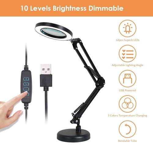 Magnifying Glass Magnifier with 64 LEDs Desk Light Table Lamp 8X Magnification 10 Levels Adjustable Brightness Dimmable 3 Colors Temperature Changing USB Powered Operated with Foldable Bendable Flexible Bracket Holder Rotatable Lighting Angle for Printing