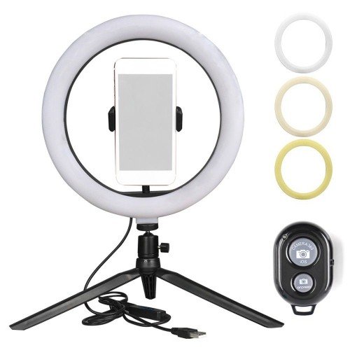 LED Selfie Round Light Brightness Adjustable Lamp for Live Broadcast Selfie Photography Video with Mobile Phone Bracket