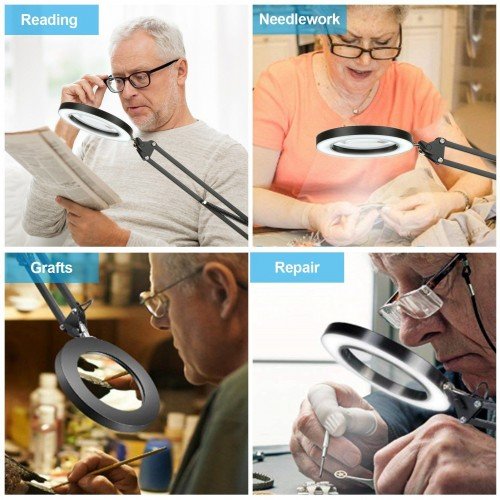 Magnifying Glass Magnifier with LEDs Clamp Clip Light 8X Magnification 10 Levels Adjustable Brightness Dimmable 3 Colors Temperature Changing Desk Lamp USB Powered Operated with Foldable Flexible Bracket Holder Rotatable Lighting Angle for Printing Machin