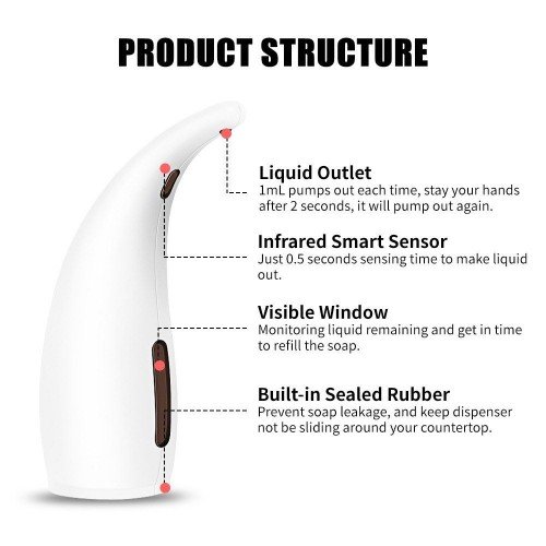 300mL Automatic Soap Dispenser Infrared Hand-free Touchless Soap Dispenser Dish Liquid Lotion Gel Shampoo Chamber Auto Hand Soap Dispenser for Bathroom Kitchen