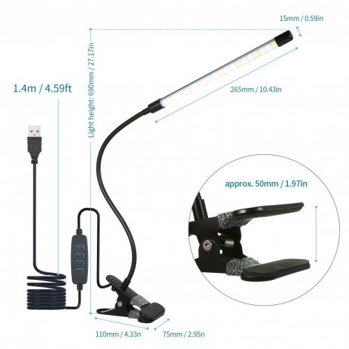 LEDs Clip-on Desk Lamp Dimmable Reading Light 3 Lighting Modes & 10 Brightness Levels Flexible Lighting Angle for Bed Headboard Office Workbench