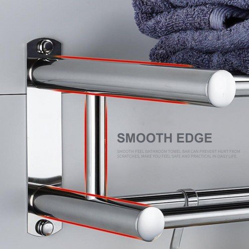 Bath Towel Rack Double Layered Bathroom Shelves with 4 Removable Hooks Wall Mounted Towel Holder 23 Inch Towel Bar Rustproof Stainless Steel Towel Shelf