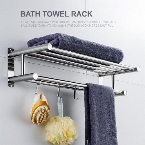 Bath Towel Rack Double Layered Bathroom Shelves with 4 Removable Hooks Wall Mounted Towel Holder 23 Inch Towel Bar Rustproof Stainless Steel Towel Shelf