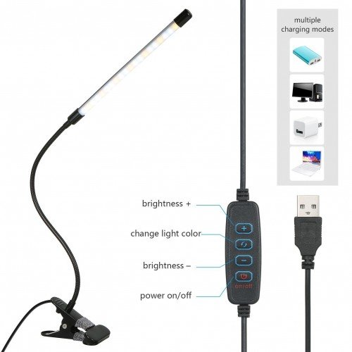 LEDs Clip-on Desk Lamp Dimmable Reading Light 3 Lighting Modes & 10 Brightness Levels Flexible Lighting Angle for Bed Headboard Office Workbench