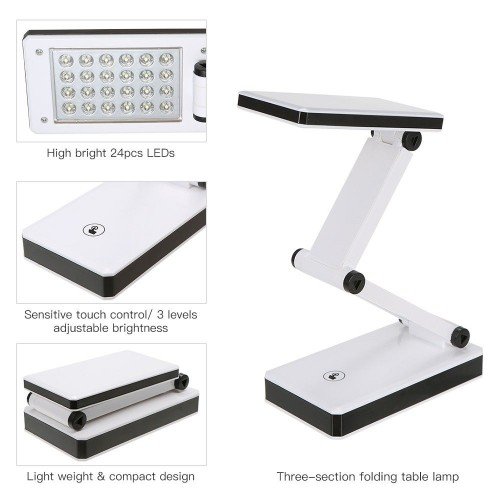 Portable Folding 24 LED Table Lamp Desk Light Sensitive Touch Control 3 Levels Adjustable Brightness Dimmable USB Charging Port 4 * AA Batteries Powered Operated for Students Reading Working Bedroom Study Room