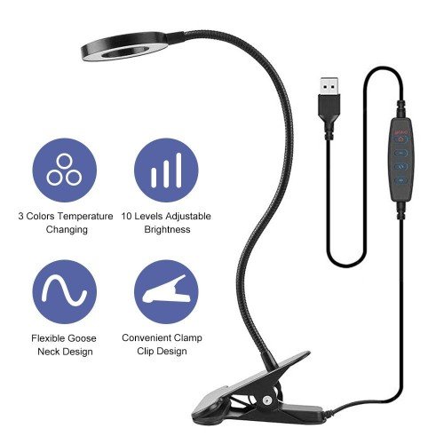 D C 5 V 6 W 24 LEDs Clamp Clip Desk Light Table Lamp USB Powered Operated 3 Colors Temperature Changing Stepless & 10 Levels Adjustable Brightness Dimmable Flexible Bendable Foldable Tube Goose Neck Design for Living Room Study Room Library Office Student