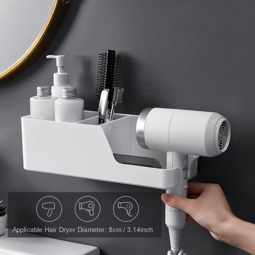 Hair Dryer Holder Wall Mounted Hair Dryer Hanging Rack With Organizer Platform Storage Rack for Bathroom Barbershop Washroom