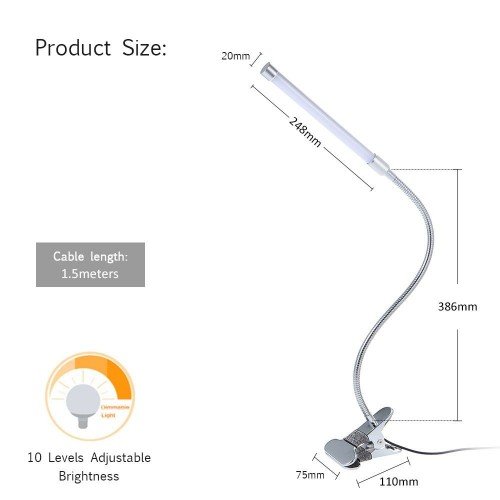 D C 5 V 7 W 18 L-ED Clamp Clip Desk Light T-able Lamp USB Powered Operated 3 Colors Temperature Changing 10 Levels Adjustable Brightness Dimmable Flexible Bendable Foldable Tube Goose Neck Design with Memory Function for Living Room Study Room Library Off