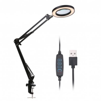 Magnifying Glass Magnifier with LEDs Clamp Clip Light 8X Magnification 10 Levels Adjustable Brightness Dimmable 3 Colors Temperature Changing Desk Lamp USB Powered Operated with Foldable Flexible Bracket Holder Rotatable Lighting Angle for Printing Machin