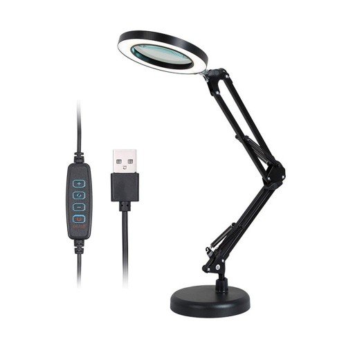 Magnifying Glass Magnifier with 64 LEDs Desk Light Table Lamp 8X Magnification 10 Levels Adjustable Brightness Dimmable 3 Colors Temperature Changing USB Powered Operated with Foldable Bendable Flexible Bracket Holder Rotatable Lighting Angle for Printing