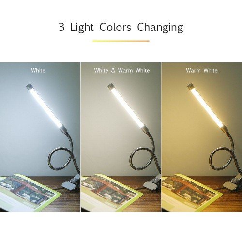 D C 5 V 7 W 18 L-ED Clamp Clip Desk Light T-able Lamp USB Powered Operated 3 Colors Temperature Changing 10 Levels Adjustable Brightness Dimmable Flexible Bendable Foldable Tube Goose Neck Design with Memory Function for Living Room Study Room Library Off