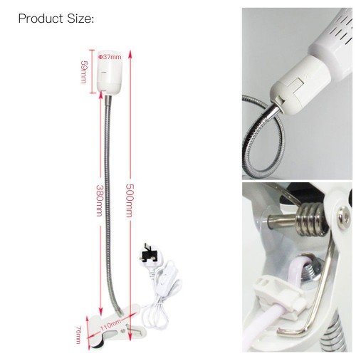 AC110-220V 50W E27 Bulb Base Socket Holder Desk Lamp (Bulb not Included) with Clamp Press Button Bendable Flexible Tube for Bedroom Living Study Room