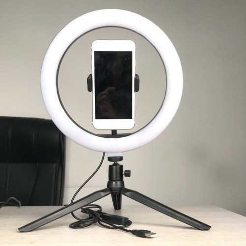 LED Selfie Round Light Brightness Adjustable Lamp for Live Broadcast Selfie Photography Video with Mobile Phone Bracket