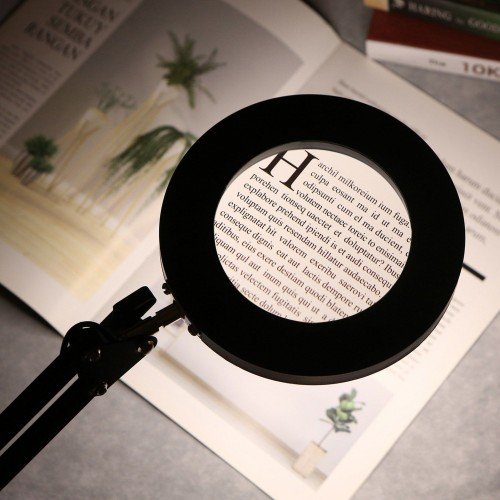 Magnifying Glass Magnifier with LEDs Clamp Clip Light 8X Magnification 10 Levels Adjustable Brightness Dimmable 3 Colors Temperature Changing Desk Lamp USB Powered Operated with Foldable Flexible Bracket Holder Rotatable Lighting Angle for Printing Machin