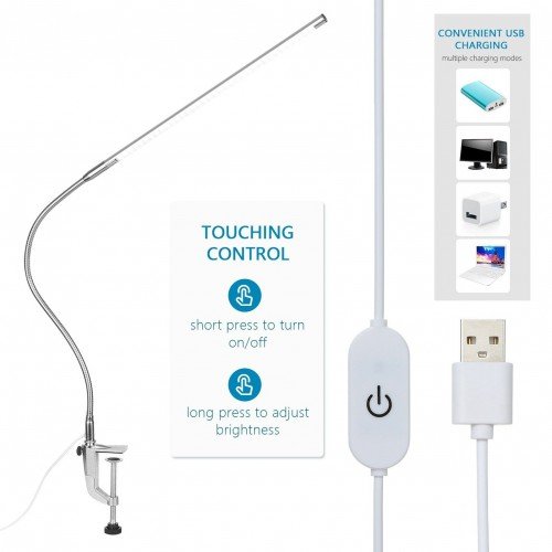 USB Clip-on Desk Lamp White Lighting Touching Control Dimmable LEDs Reading Light Flexible Lighting Angle for Bed Headboard Office Workbench