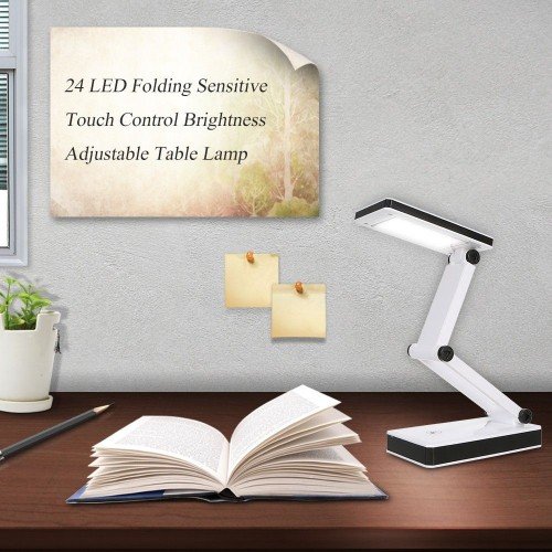 Portable Folding 24 LED Table Lamp Desk Light Sensitive Touch Control 3 Levels Adjustable Brightness Dimmable USB Charging Port 4 * AA Batteries Powered Operated for Students Reading Working Bedroom Study Room