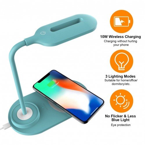 L ED Desk Lamp with Rechargeable USB C-harging Port with W-ireless C-harger 3 Lighting Modes Sensitive Control Eye-Caring Office Lamp