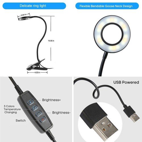 D C 5 V 6 W 24 LEDs Clamp Clip Desk Light Table Lamp USB Powered Operated 3 Colors Temperature Changing Stepless & 10 Levels Adjustable Brightness Dimmable Flexible Bendable Foldable Tube Goose Neck Design for Living Room Study Room Library Office Student