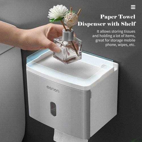 Tissue Box with Shelf Paper Towel Dispenser Wall Mounted Adhesive Roll Paper Holder Dispenser Bathroom Toilet Tissue Dispenser Home Kitchen Paper Towel Dispenser