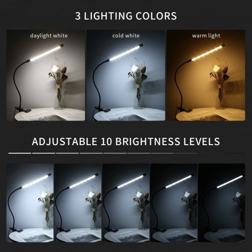 LEDs Clip-on Desk Lamp Dimmable Reading Light 3 Lighting Modes & 10 Brightness Levels Flexible Lighting Angle for Bed Headboard Office Workbench