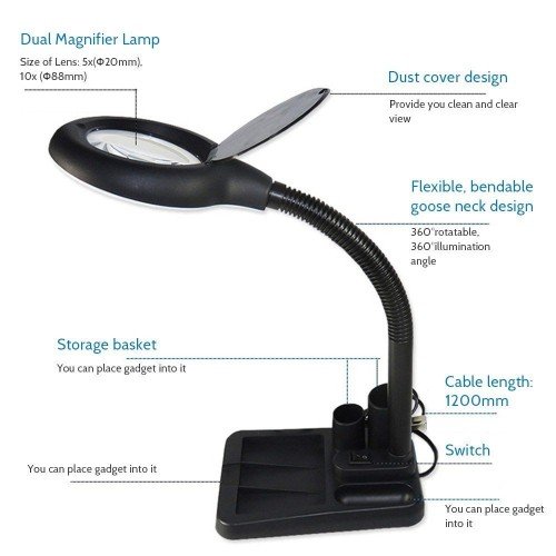 AC220V 6W 40 LED 5X/10X Magnifier Glass with Gadget Storage Design Desk Lamp Beside Light Magnifying Lens Design Illuminated Flexible Bendable Goose Neck Portable for Printing Machinery Carving