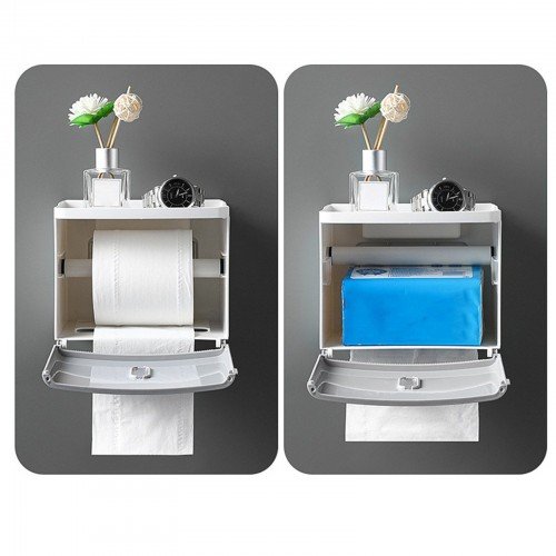 Tissue Box with Shelf Paper Towel Dispenser Wall Mounted Adhesive Roll Paper Holder Dispenser Bathroom Toilet Tissue Dispenser Home Kitchen Paper Towel Dispenser