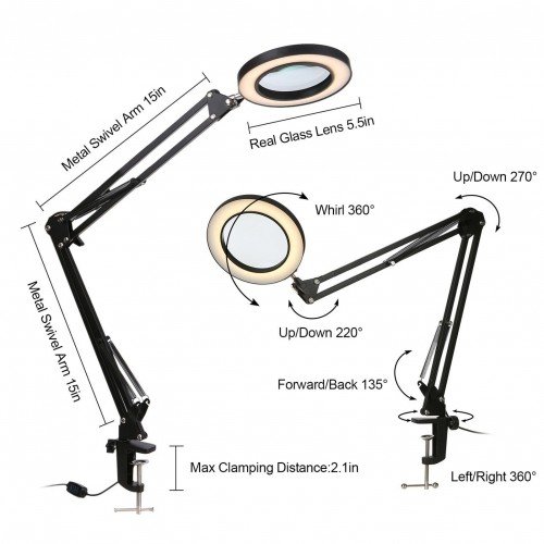 Magnifying Glass Magnifier with LEDs Clamp Clip Light 8X Magnification 10 Levels Adjustable Brightness Dimmable 3 Colors Temperature Changing Desk Lamp USB Powered Operated with Foldable Flexible Bracket Holder Rotatable Lighting Angle for Printing Machin