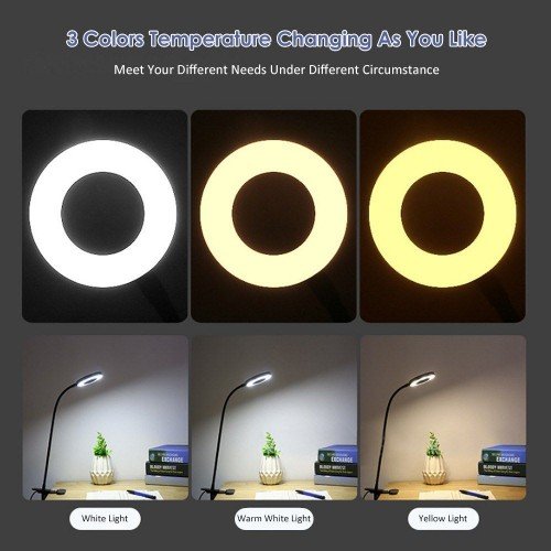 D C 5 V 6 W 24 LEDs Clamp Clip Desk Light Table Lamp USB Powered Operated 3 Colors Temperature Changing Stepless & 10 Levels Adjustable Brightness Dimmable Flexible Bendable Foldable Tube Goose Neck Design for Living Room Study Room Library Office Student