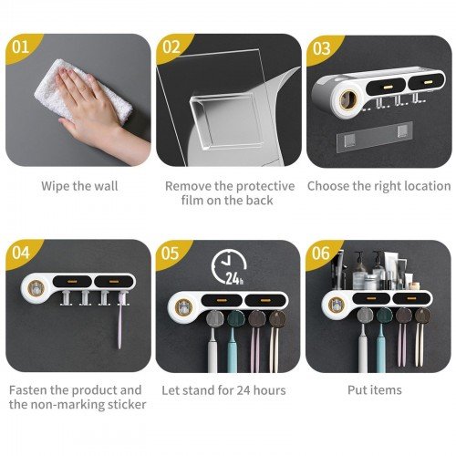 Toothbrush Rack with Cups Automatic Toothpaste Dispenser Squeezer Storage Holder Wall Mounted Toothbrush Holder Organizer Toothbrush Slots Cosmetic Organizer Drawer for Washroom Bathroom