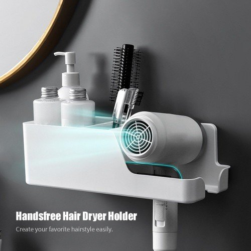 Hair Dryer Holder Wall Mounted Hair Dryer Hanging Rack With Organizer Platform Storage Rack for Bathroom Barbershop Washroom