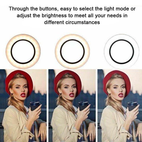 LED Selfie Round Light Brightness Adjustable Lamp for Live Broadcast Selfie Photography Video with Mobile Phone Bracket