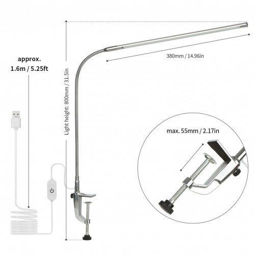 USB Clip-on Desk Lamp White Lighting Touching Control Dimmable LEDs Reading Light Flexible Lighting Angle for Bed Headboard Office Workbench