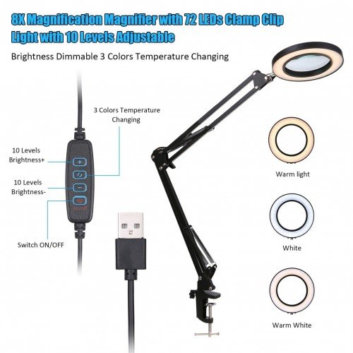 Magnifying Glass Magnifier with LEDs Clamp Clip Light 8X Magnification 10 Levels Adjustable Brightness Dimmable 3 Colors Temperature Changing Desk Lamp USB Powered Operated with Foldable Flexible Bracket Holder Rotatable Lighting Angle for Printing Machin