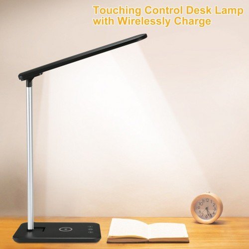 USB LEDs Desk Lamp with Wirelessly Charge Touching Control 3 Lighting Colors Dimmable Folding Eye Protecting Desk Light Reading Lamp for Office Bedroom