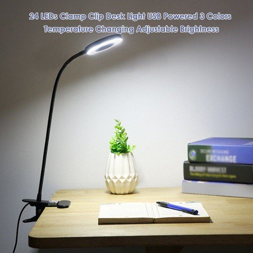 D C 5 V 6 W 24 LEDs Clamp Clip Desk Light Table Lamp USB Powered Operated 3 Colors Temperature Changing Stepless & 10 Levels Adjustable Brightness Dimmable Flexible Bendable Foldable Tube Goose Neck Design for Living Room Study Room Library Office Student