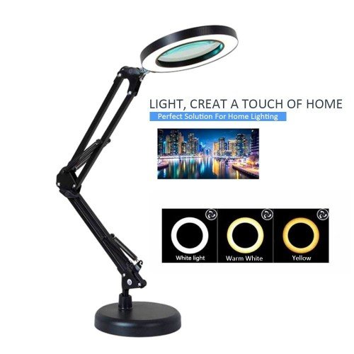 Magnifying Glass Magnifier with 64 LEDs Desk Light Table Lamp 8X Magnification 10 Levels Adjustable Brightness Dimmable 3 Colors Temperature Changing USB Powered Operated with Foldable Bendable Flexible Bracket Holder Rotatable Lighting Angle for Printing