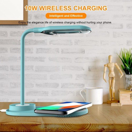 L ED Desk Lamp with Rechargeable USB C-harging Port with W-ireless C-harger 3 Lighting Modes Sensitive Control Eye-Caring Office Lamp