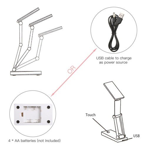 Portable Folding 24 LED Table Lamp Desk Light Sensitive Touch Control 3 Levels Adjustable Brightness Dimmable USB Charging Port 4 * AA Batteries Powered Operated for Students Reading Working Bedroom Study Room