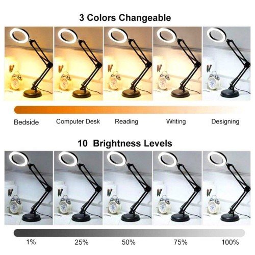 Magnifying Glass Magnifier with 64 LEDs Desk Light Table Lamp 8X Magnification 10 Levels Adjustable Brightness Dimmable 3 Colors Temperature Changing USB Powered Operated with Foldable Bendable Flexible Bracket Holder Rotatable Lighting Angle for Printing