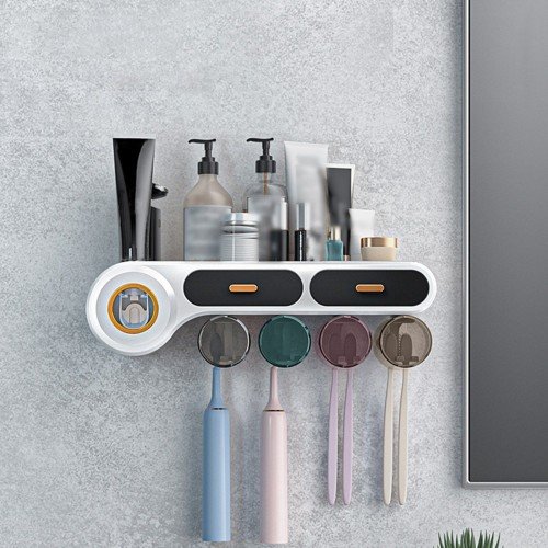 Toothbrush Rack with Cups Automatic Toothpaste Dispenser Squeezer Storage Holder Wall Mounted Toothbrush Holder Organizer Toothbrush Slots Cosmetic Organizer Drawer for Washroom Bathroom