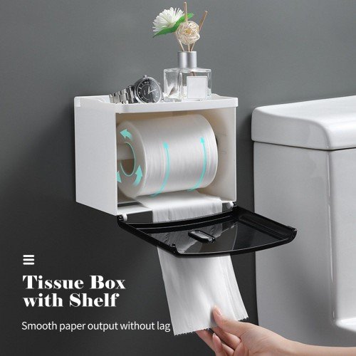 Tissue Box with Shelf Paper Towel Dispenser Wall Mounted Adhesive Roll Paper Holder Dispenser Bathroom Toilet Tissue Dispenser Home Kitchen Paper Towel Dispenser