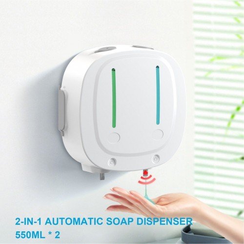 550mL x 2 Automatic Shampoo Dispenser 2 in 1 Infrared Touchless Wall Mounted Shower Soap Dispenser Drilling Drill-free Liquid Soap Dispenser for Shampoo Soap Conditioner Shower Gel