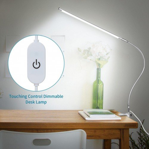 USB Clip-on Desk Lamp White Lighting Touching Control Dimmable LEDs Reading Light Flexible Lighting Angle for Bed Headboard Office Workbench