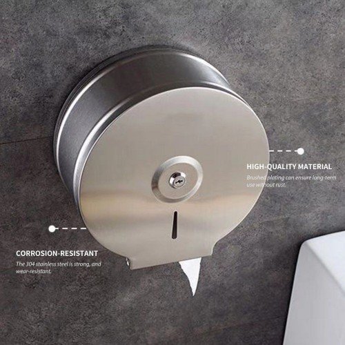 Paper Towel Dispenser Wall Mounted Drilling Paper Towel Holder Dispenser Brushed Stainless Steel Bathroom Toilet Tissue Dispenser Kitchen Round Paper Towel Dispenser with Key